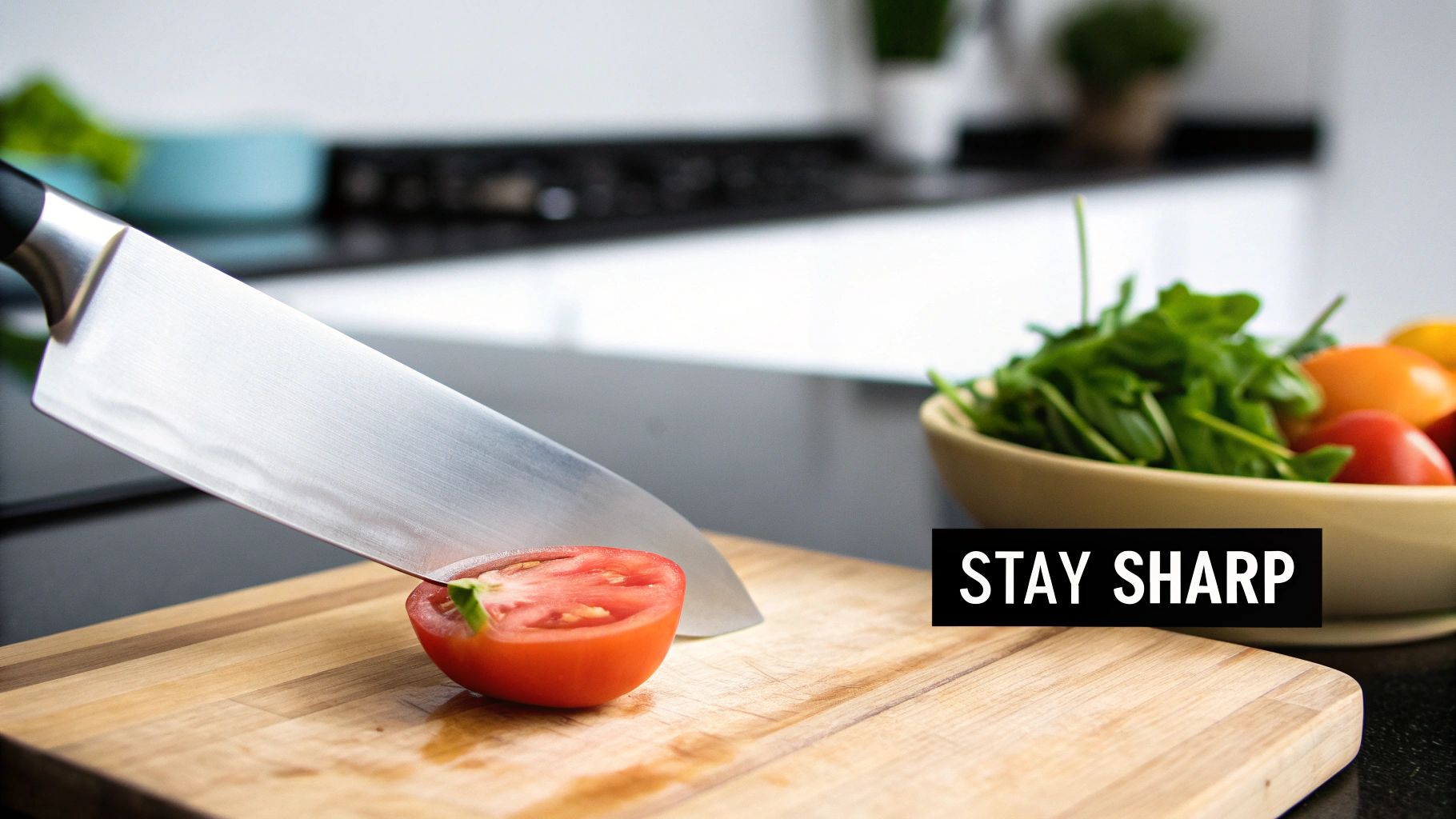 A sharp silver chef's knife slices a red tomato on a wooden cutting board in a kitchen.