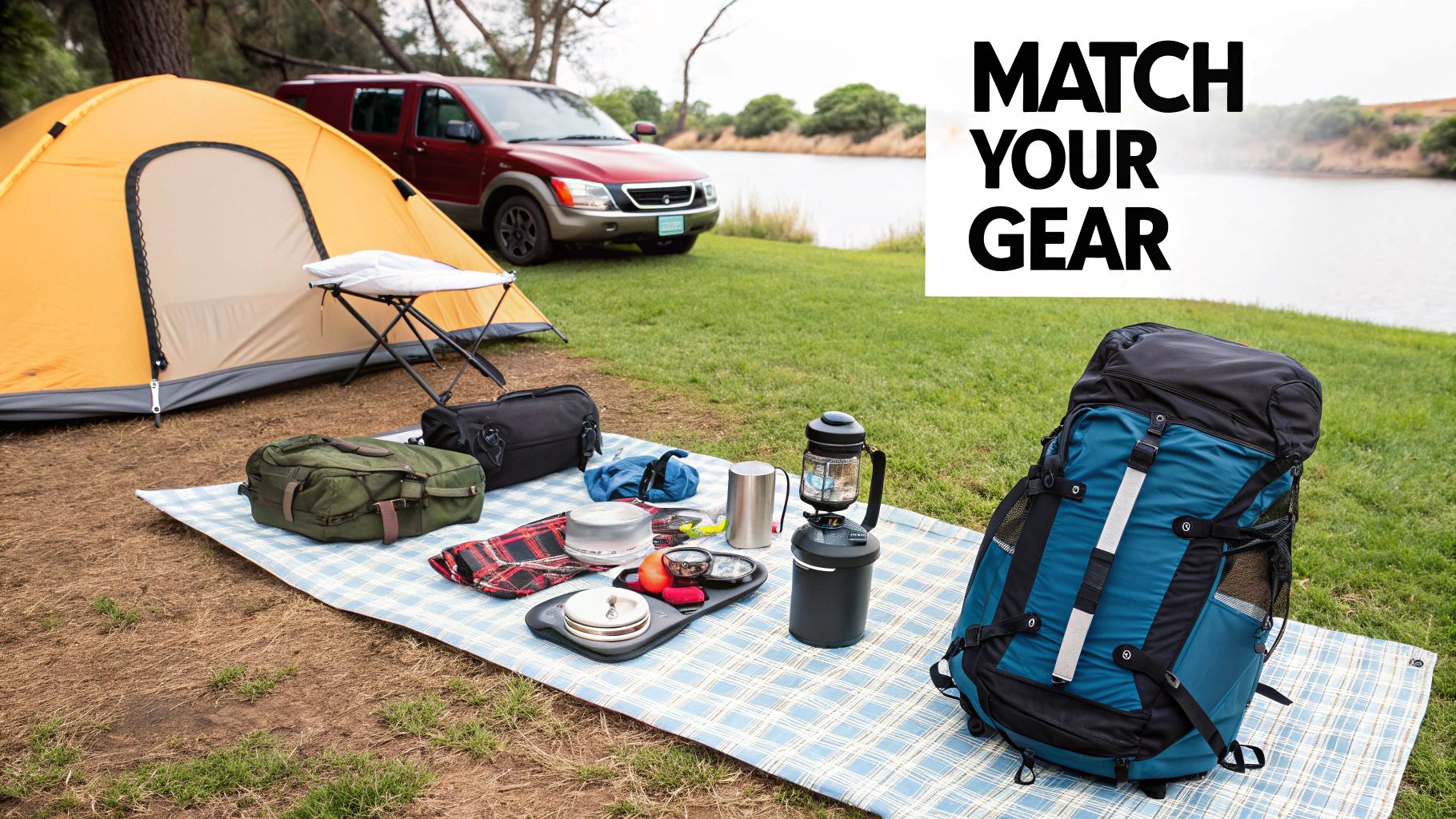 A backpacker with ultralight gear looking out over a mountainous landscape.