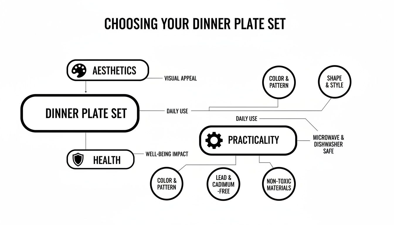 Flowchart detailing key considerations for choosing a dinner plate set, covering aesthetics, health, and practicality.