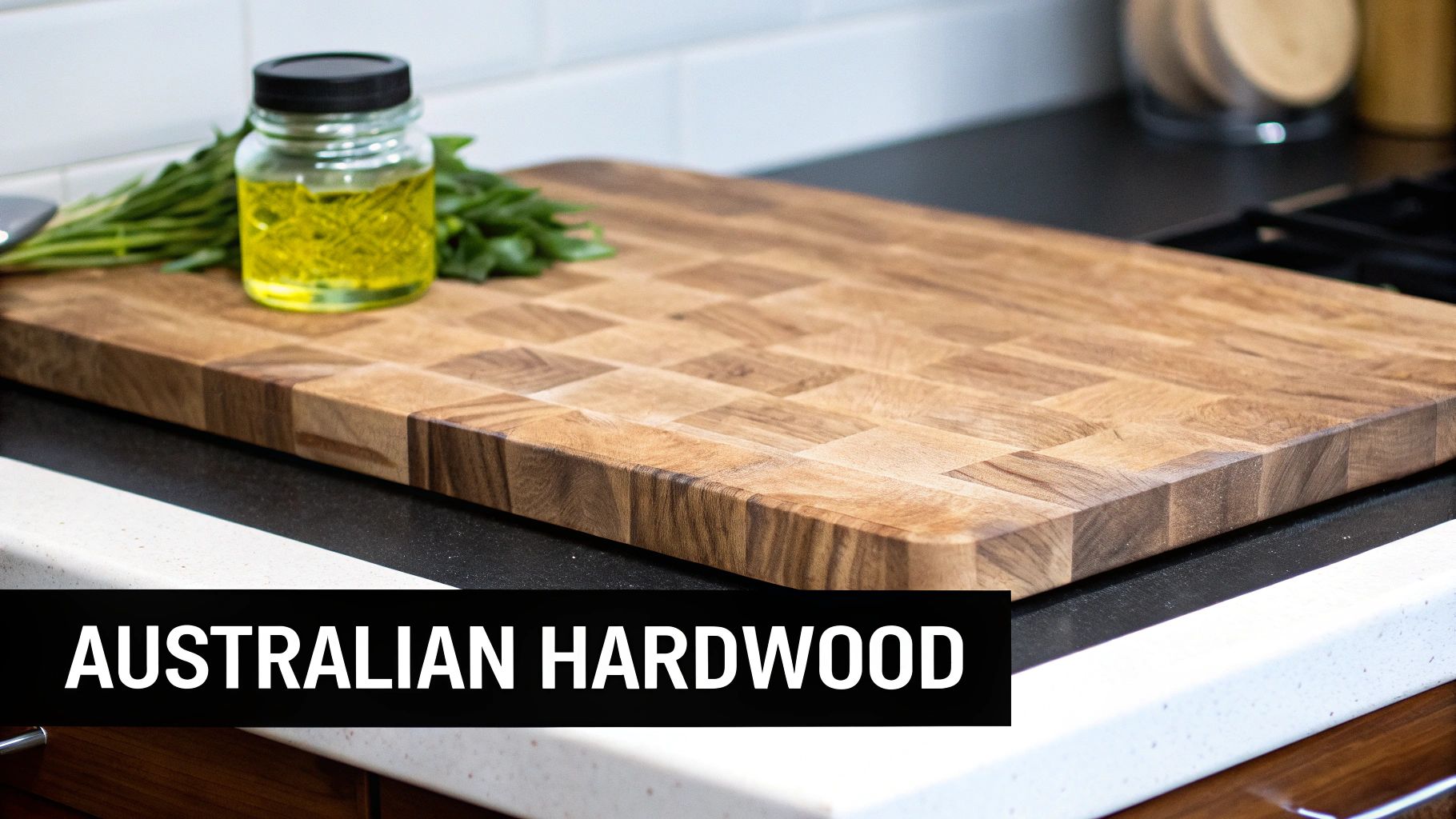 A beautiful Australian hardwood cutting board in a kitchen setting.