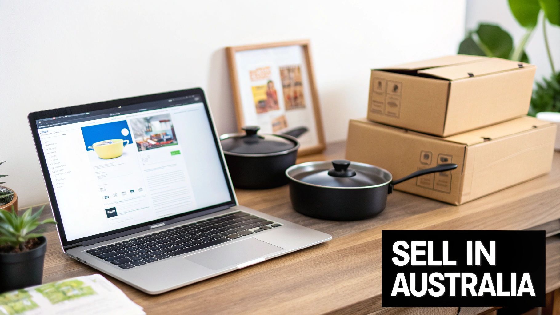 A laptop shows an e-commerce website with products, alongside cooking pots and shipping boxes, promoting selling in Australia.