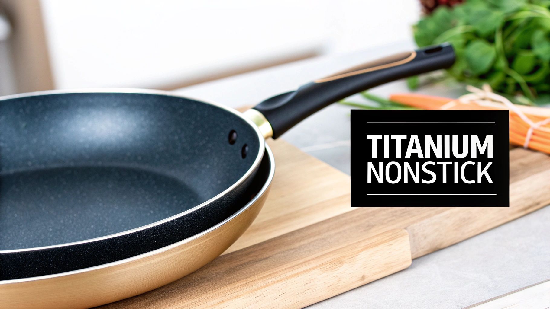 A sleek titanium non stick frying pan with an egg cooking inside, showcasing its non-stick surface.