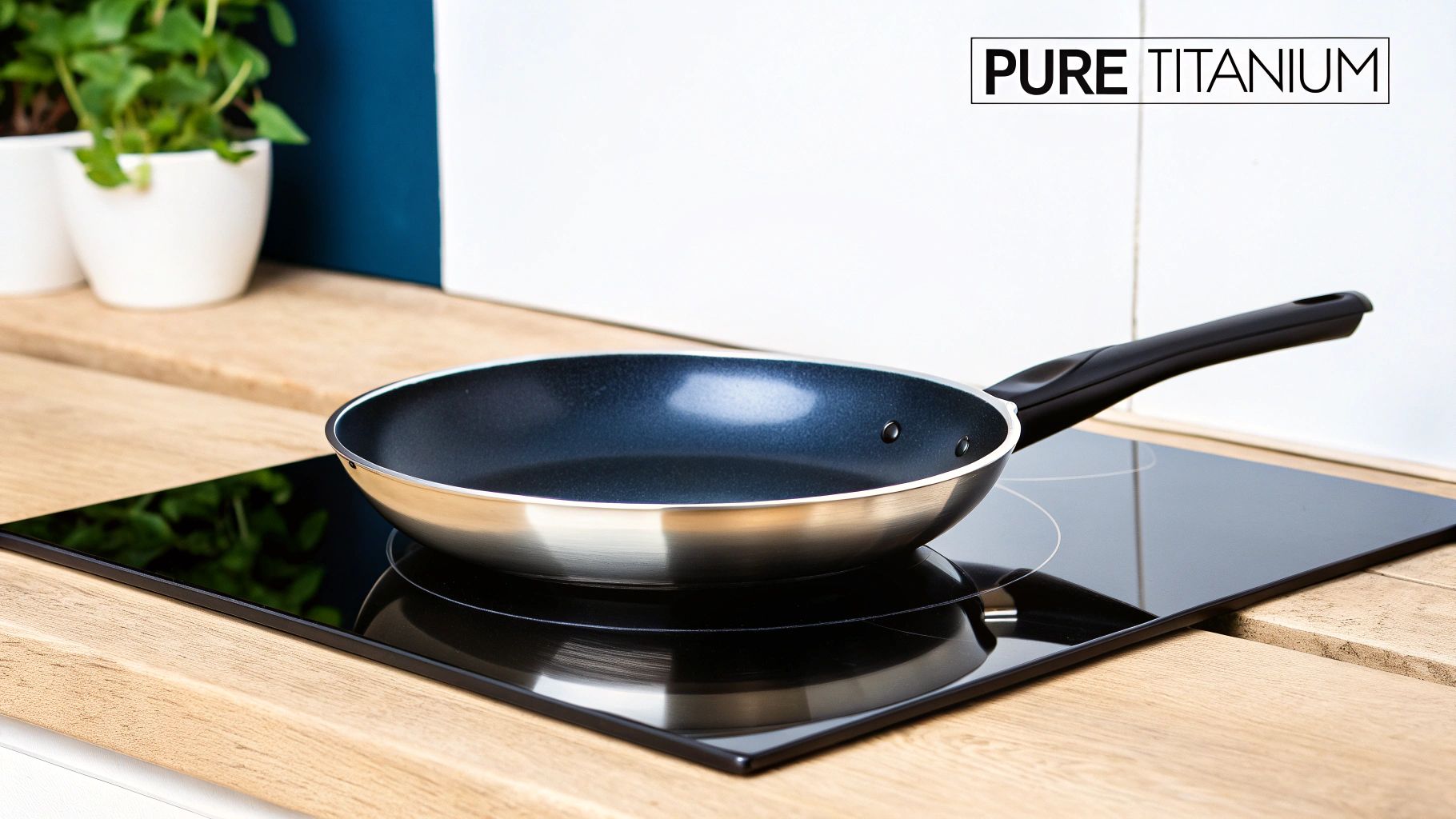 A sleek, pure titanium frying pan sitting on a modern stovetop, ready for cooking.