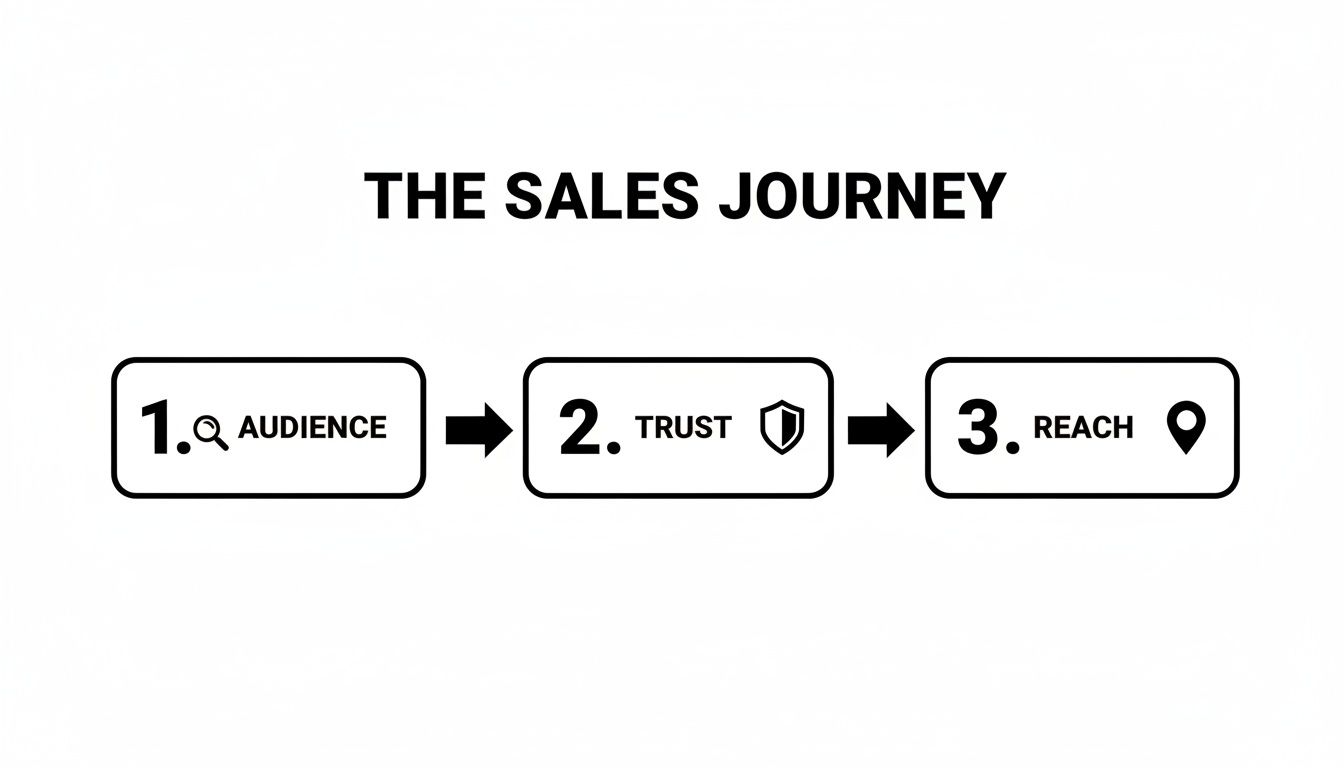 Diagram illustrating 'The Sales Journey' with three steps: Audience, Trust, and Reach.