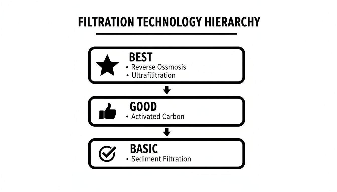 A hierarchy chart outlining best, good, and basic water filtration technologies.