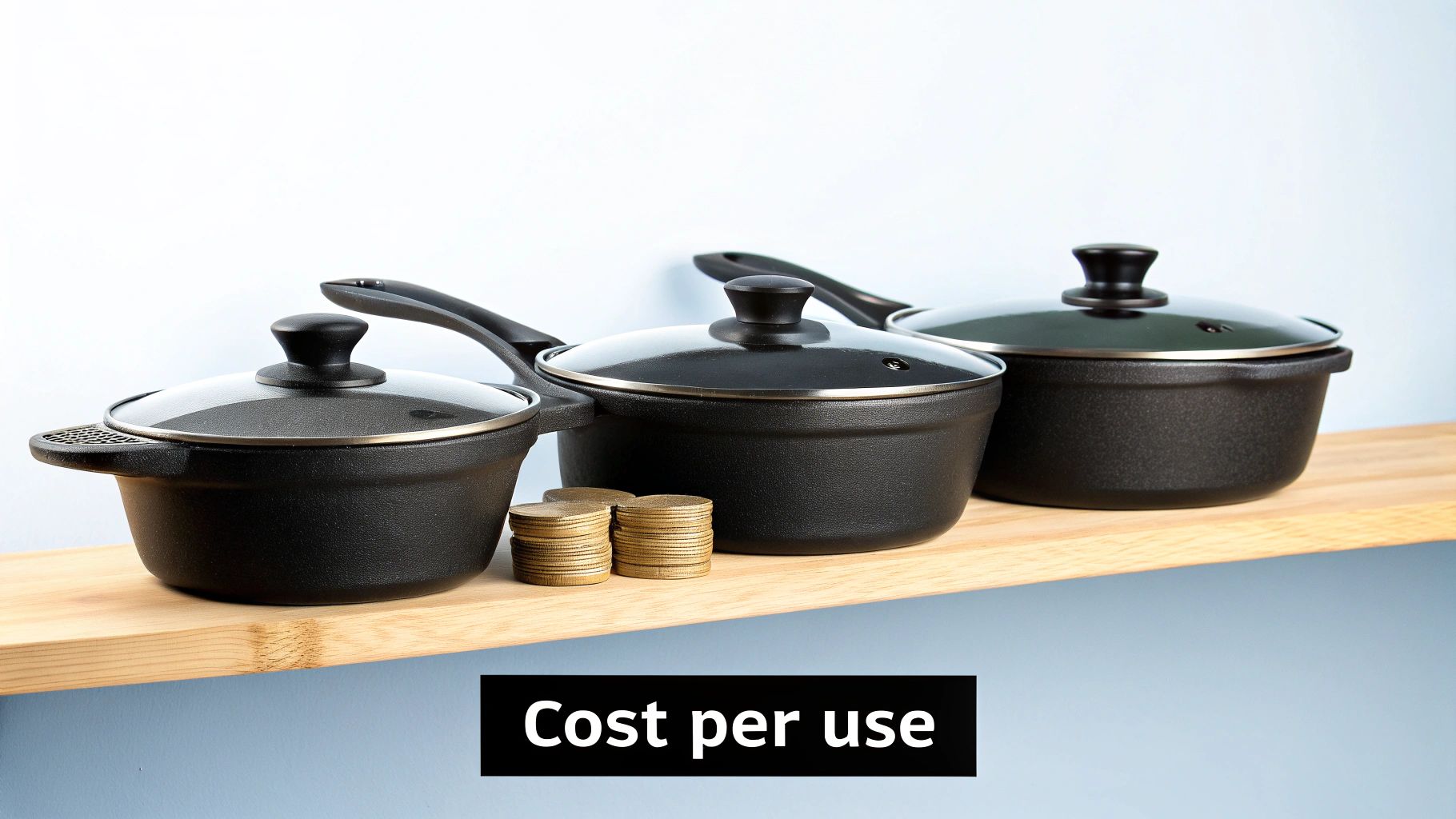 Three black cooking pots with lids and stacks of coins on a wooden shelf, illustrating cost per use.