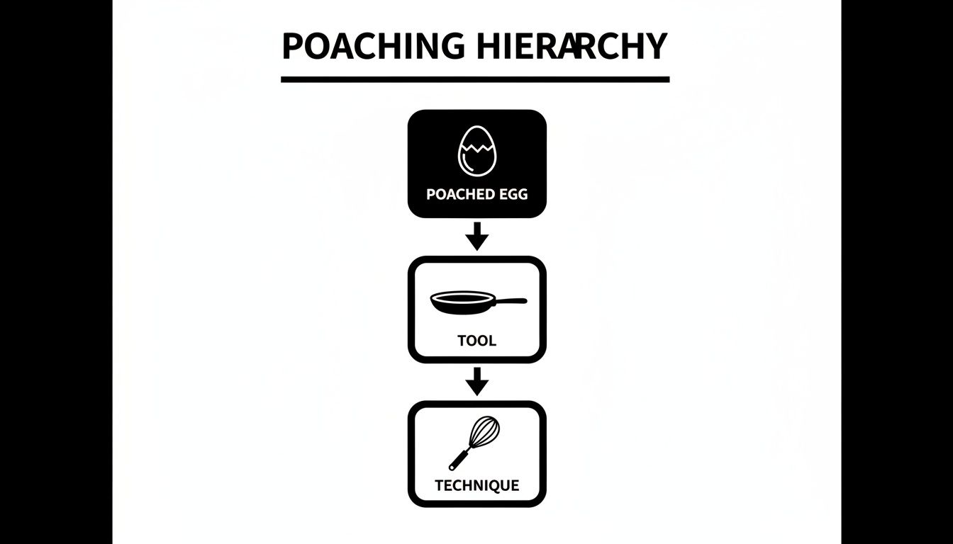 Black and white diagram titled 'Poaching Hierarchy' showing a poached egg, tool (pan), and technique (whisk) icons.