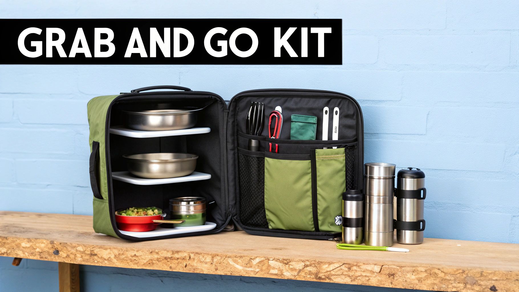An open olive green 'Grab and Go Kit' displaying portable food containers and organized utensils.