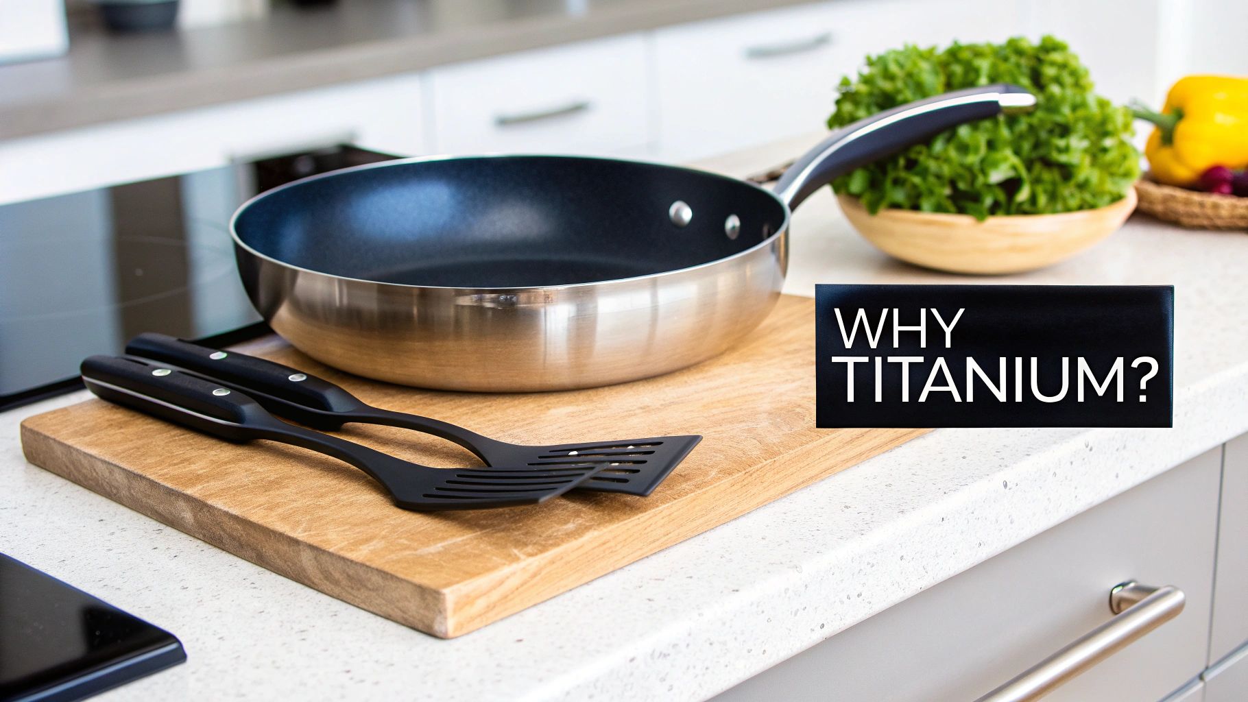 Modern titanium frying pan on a kitchen stove