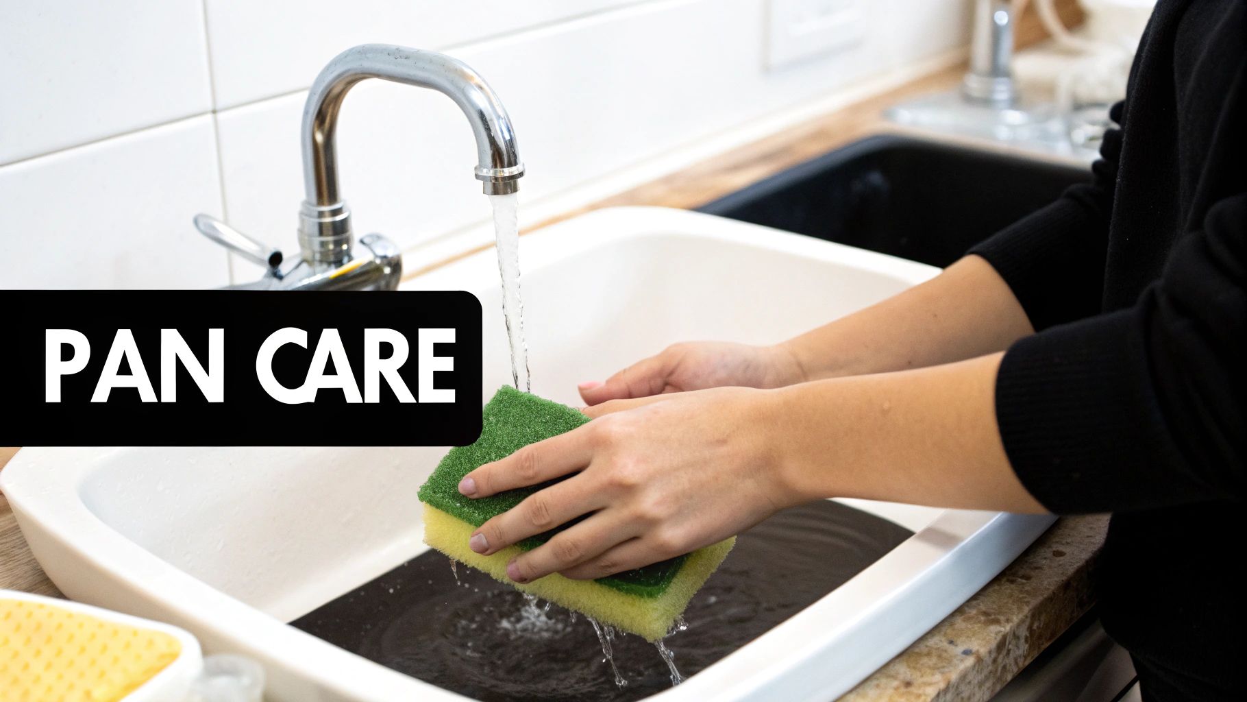 Hands washing and cleaning a dark ceramic pan with sponge under running water in kitchen sink