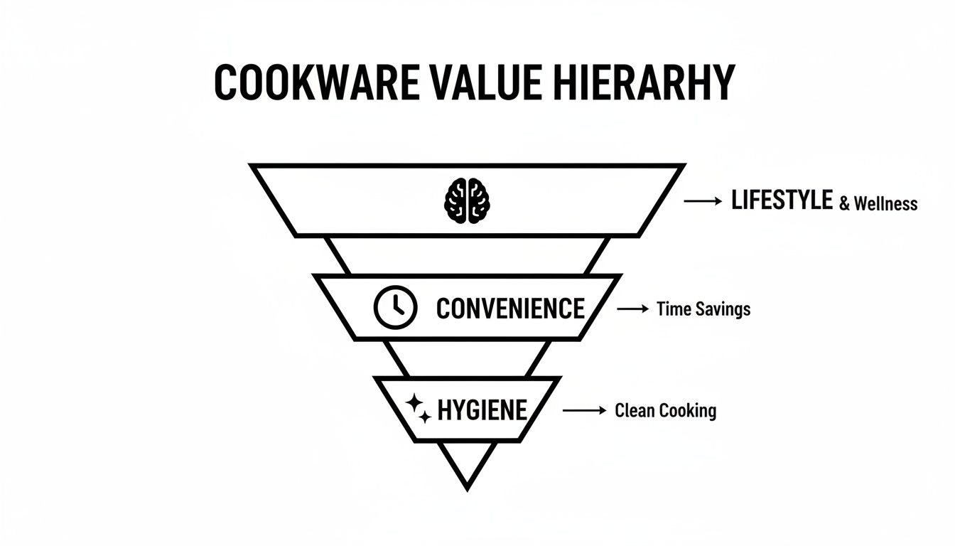 A Cookware Value Hierarchy diagram outlining Lifestyle & Wellness, Convenience, and Hygiene benefits.