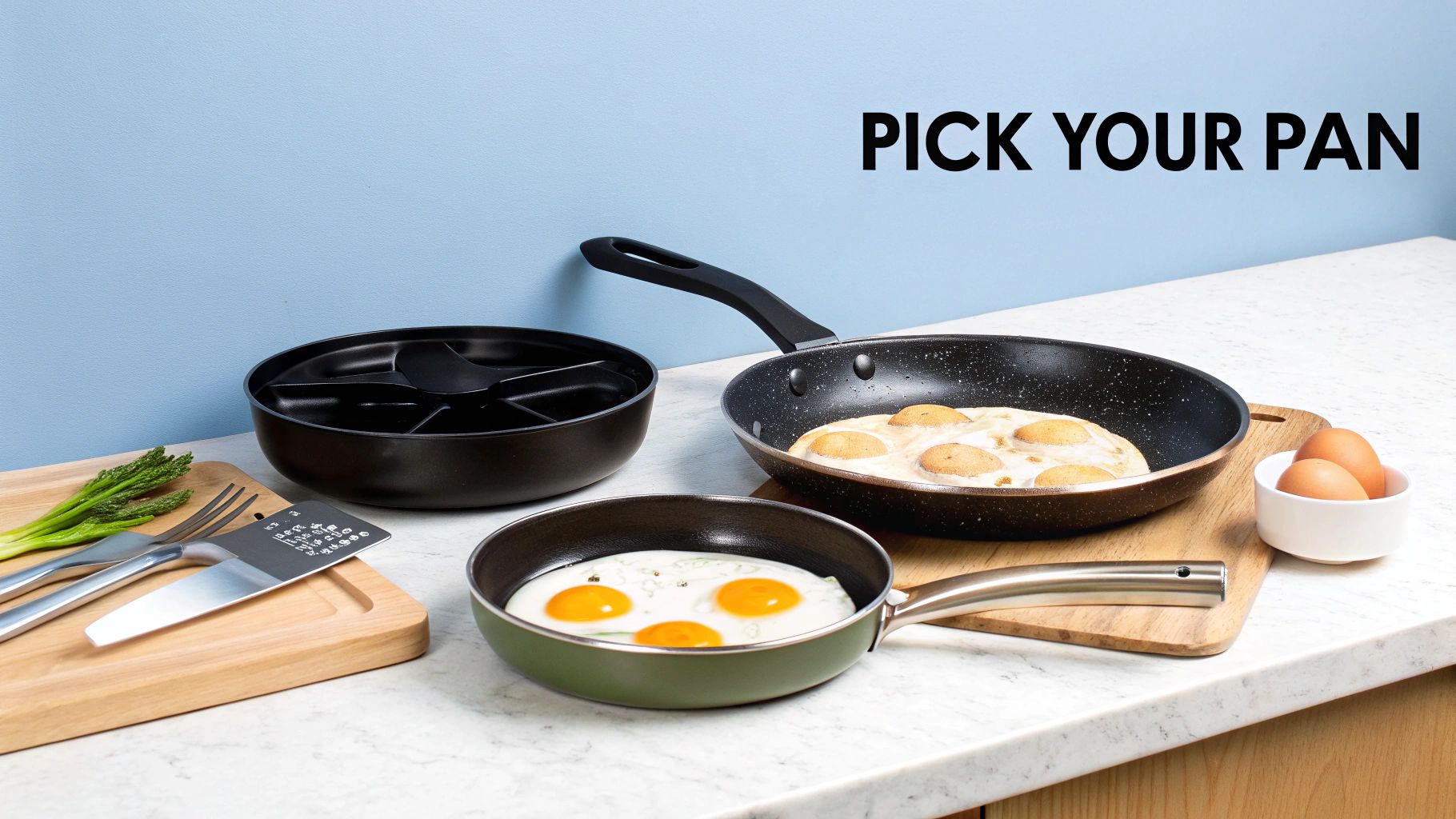 A person holding a modern non-teflon non-stick frying pan over a stove.