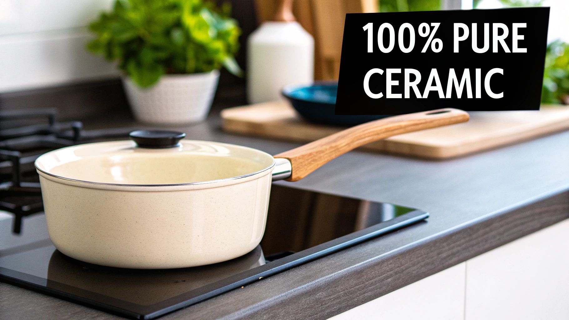 A beige ceramic saucepan with a wooden handle sits on a black induction cooktop in a modern kitchen.