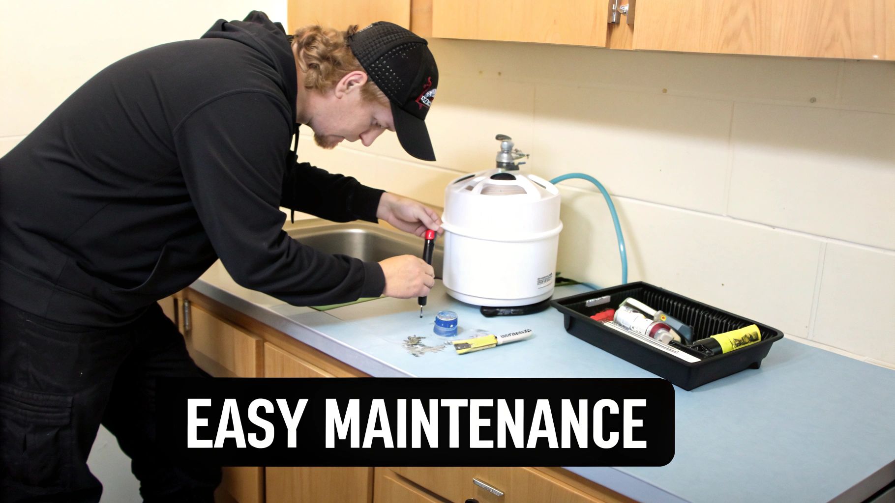 A man in a black hoodie and cap performs maintenance on a white water alkalizer machine on a kitchen counter.