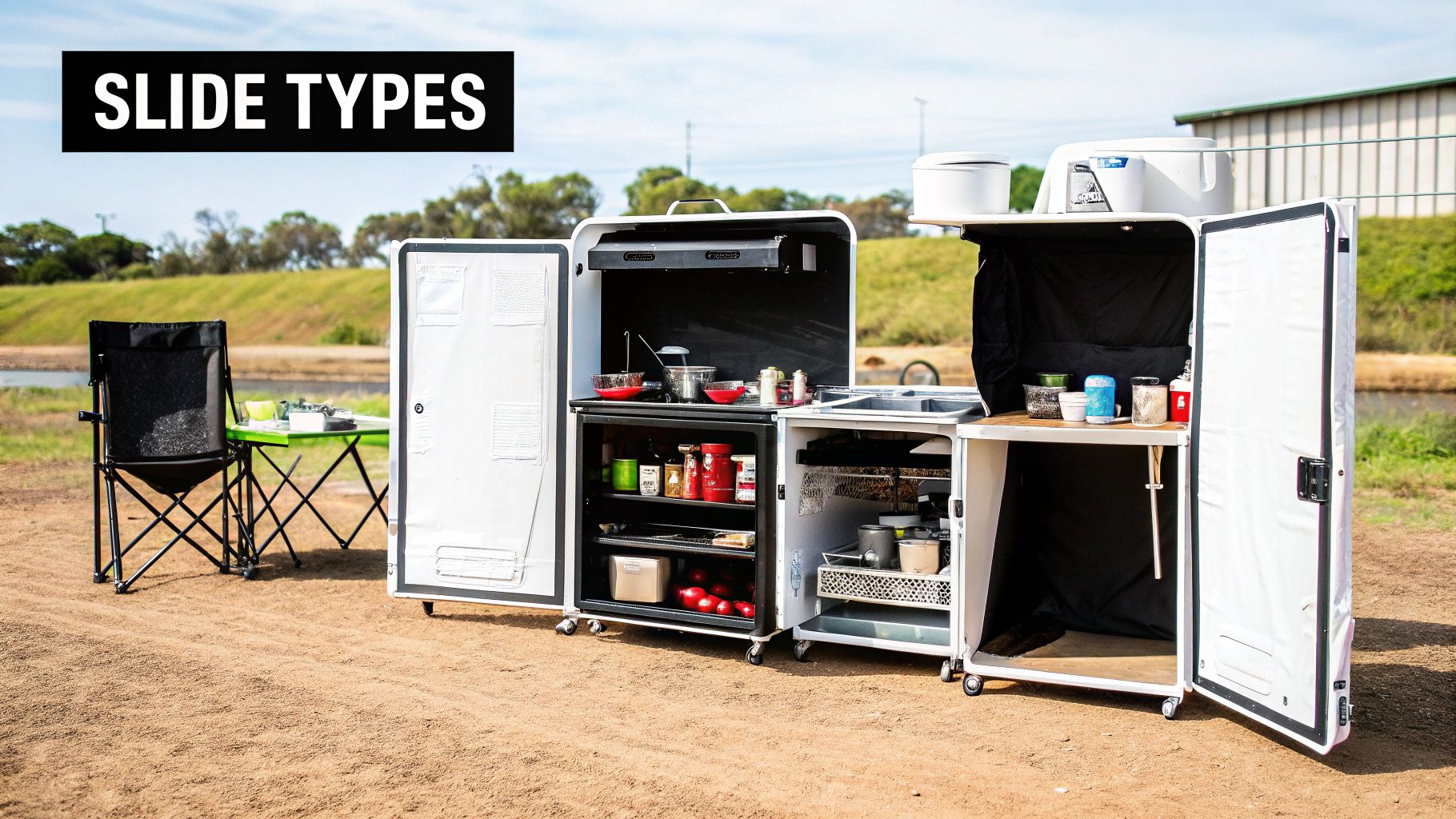A comprehensive portable outdoor kitchen setup with multiple slide-out compartments, sink, and storage, next to a camping chair.