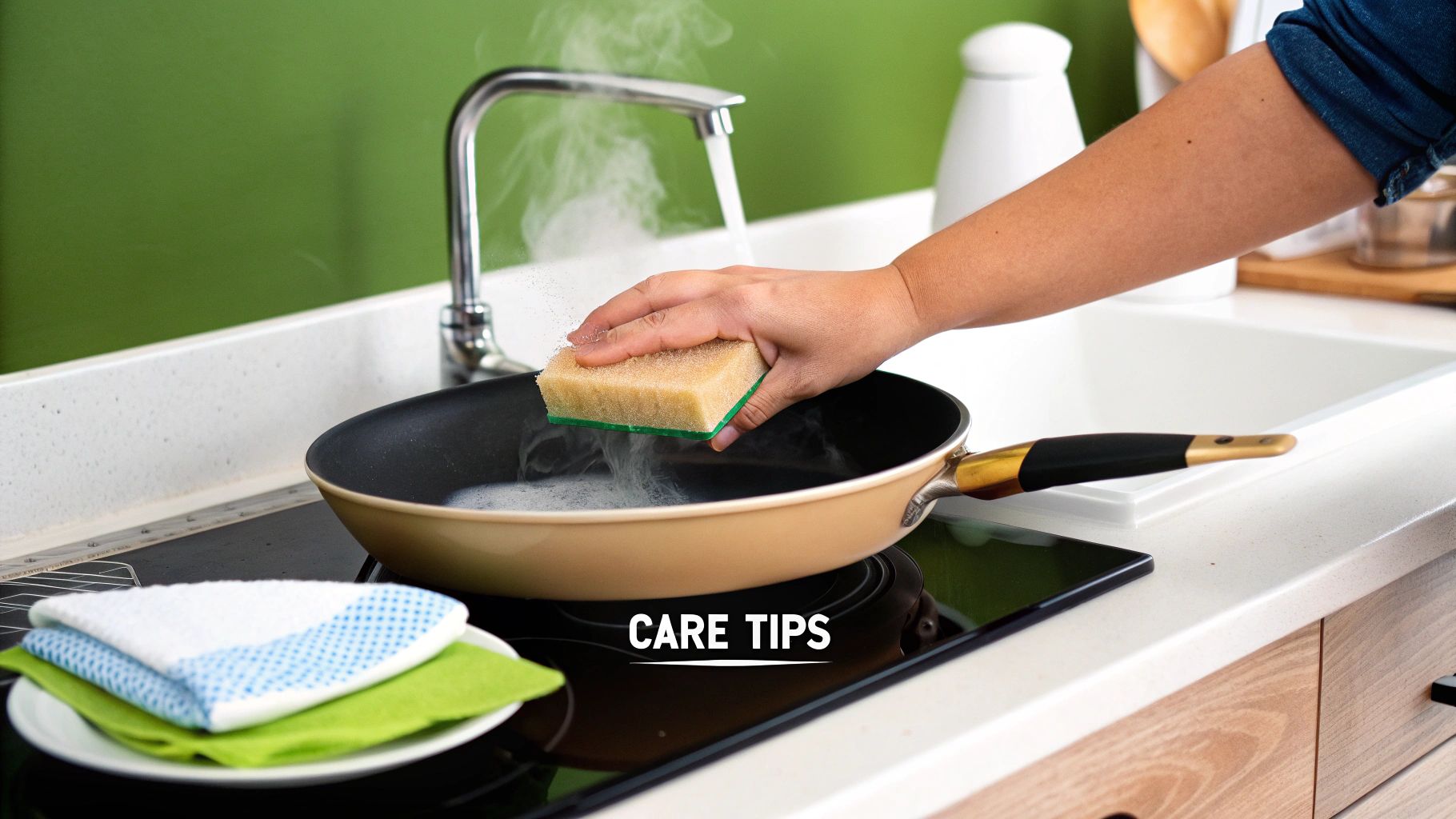A person's hand uses a sponge to clean a ceramic pan with soap under running water.