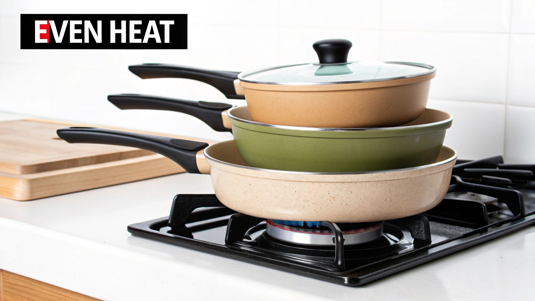 A stack of three colorful ceramic non-stick pans on a gas stove burner with a blue flame.