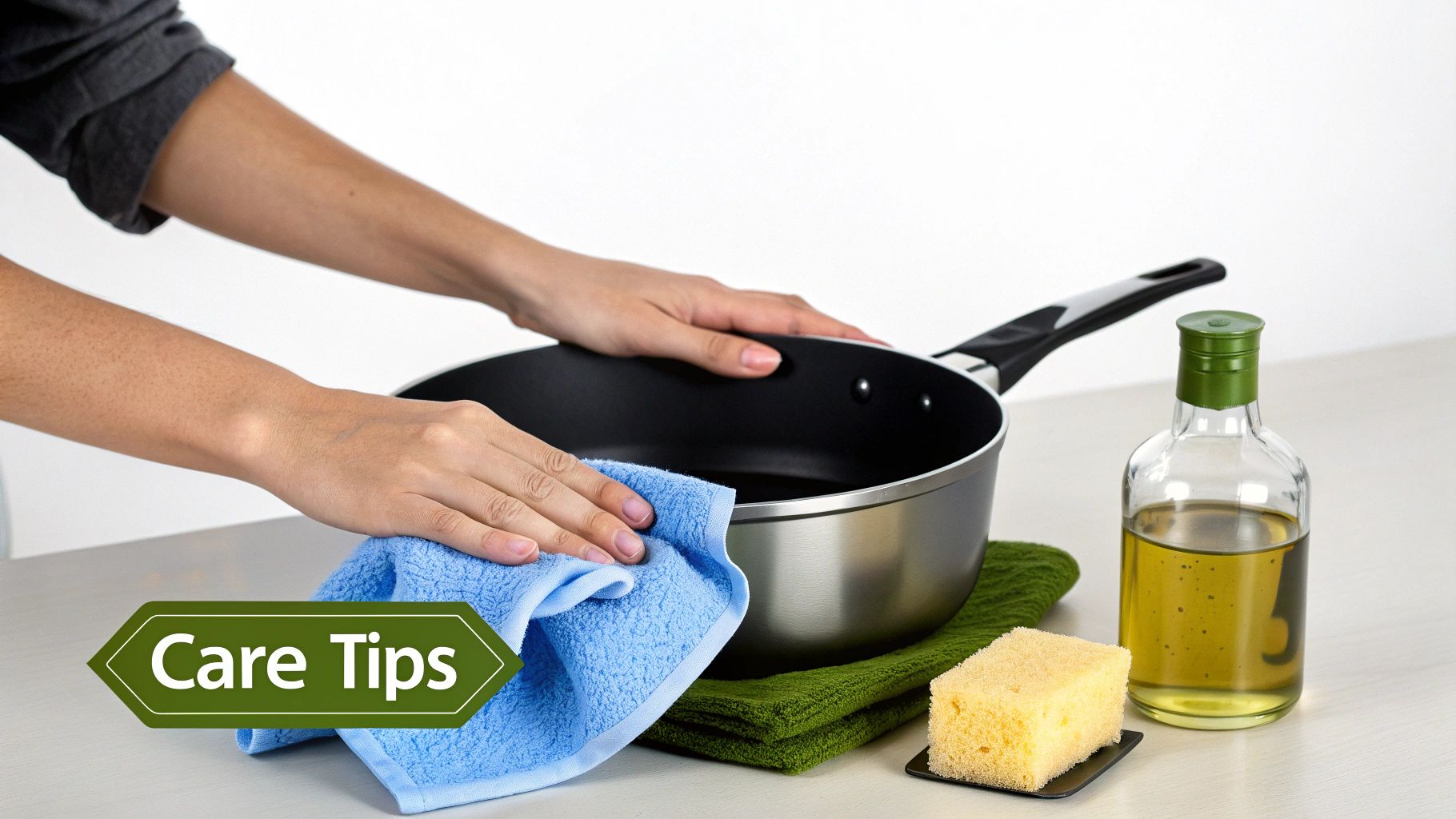 Hands wiping a non-stick saucepan with a blue cloth, with a bottle of oil and sponge.