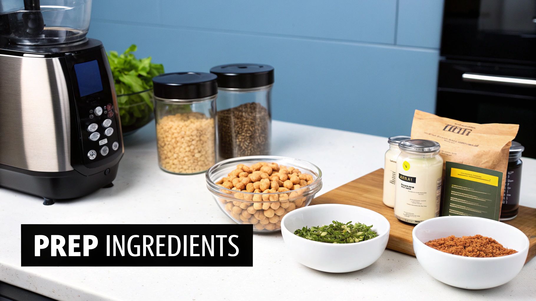 Kitchen counter with chickpeas, spices, herbs, and blender for preparing vegetarian hot dog ingredients