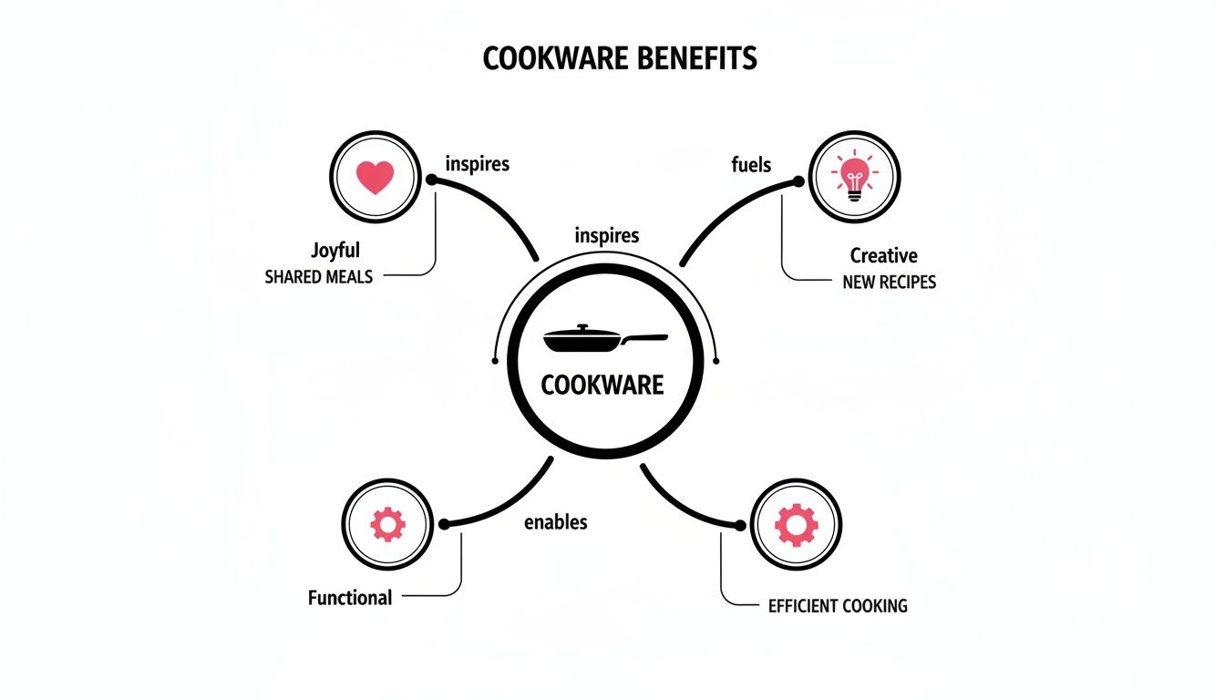 A diagram illustrating cookware benefits, including joyful shared meals, creative new recipes, functional design, and efficient cooking.