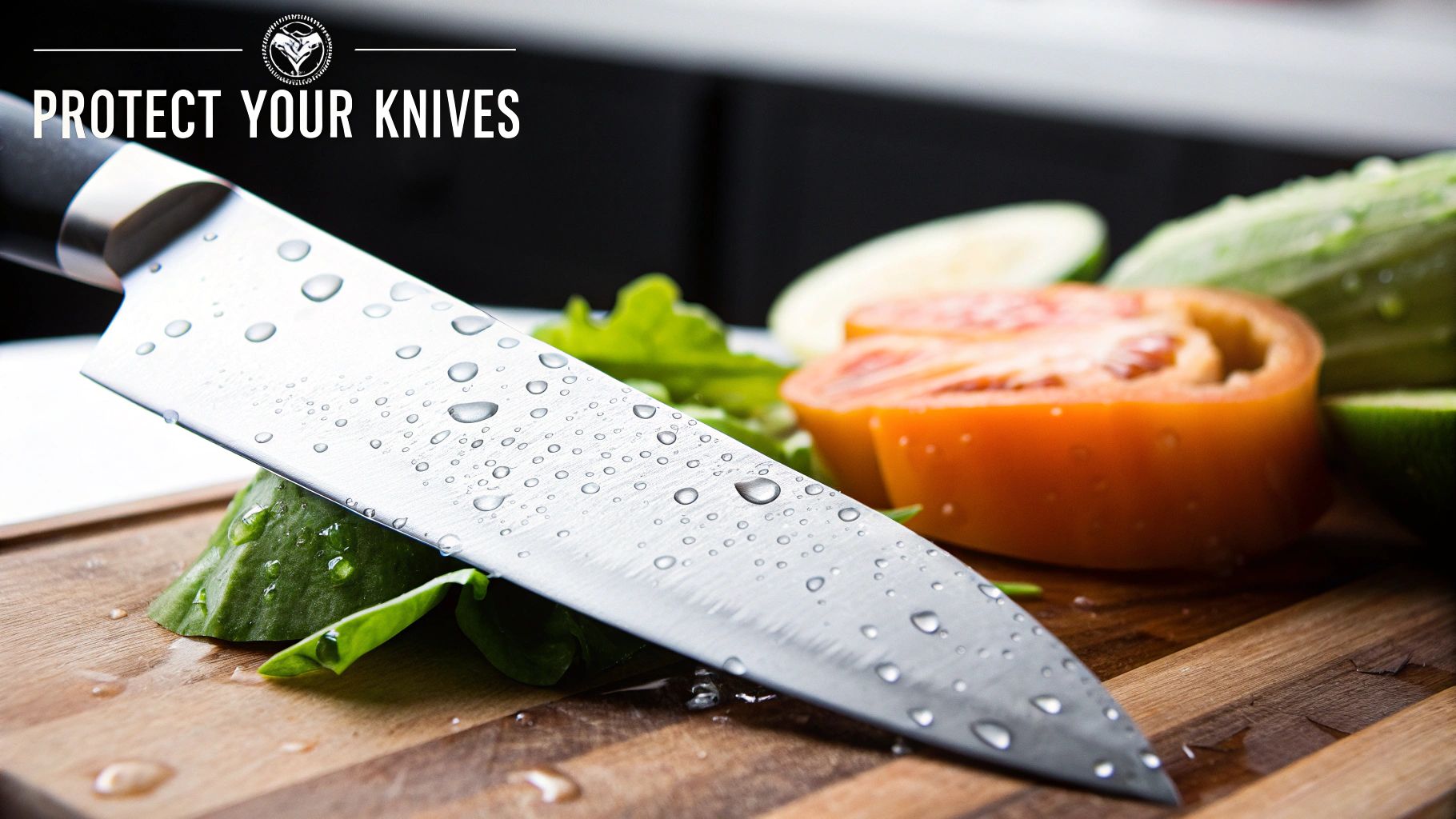 A close-up of a sharp knife slicing vegetables on a high-quality, knife-friendly chopping board.