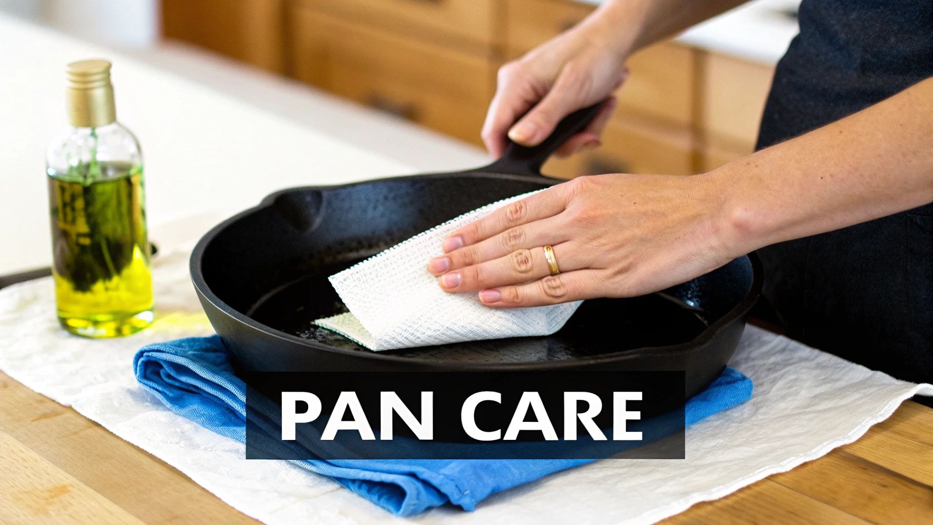 A frying pan with food being cooked in it, showcasing proper care and use.