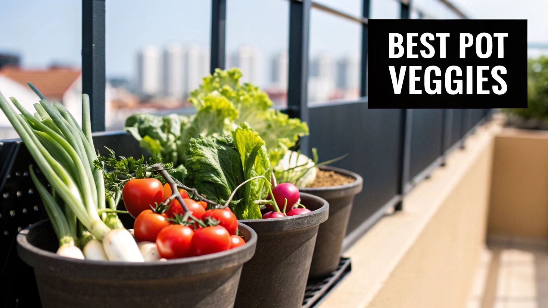 Fresh green onions, red tomatoes, crisp lettuce, and radishes thrive in pots on a sunny balcony.