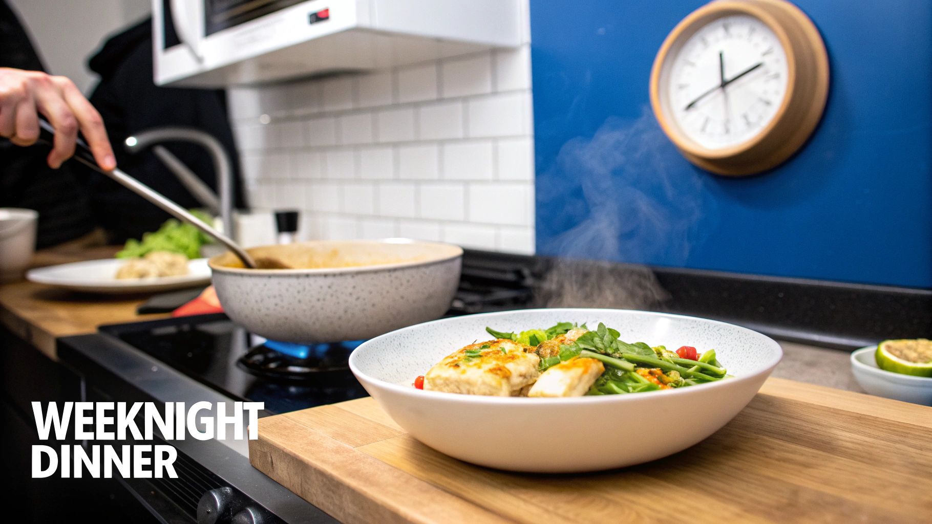 A person prepares a weeknight dinner of steaming fish and green vegetables in a kitchen.