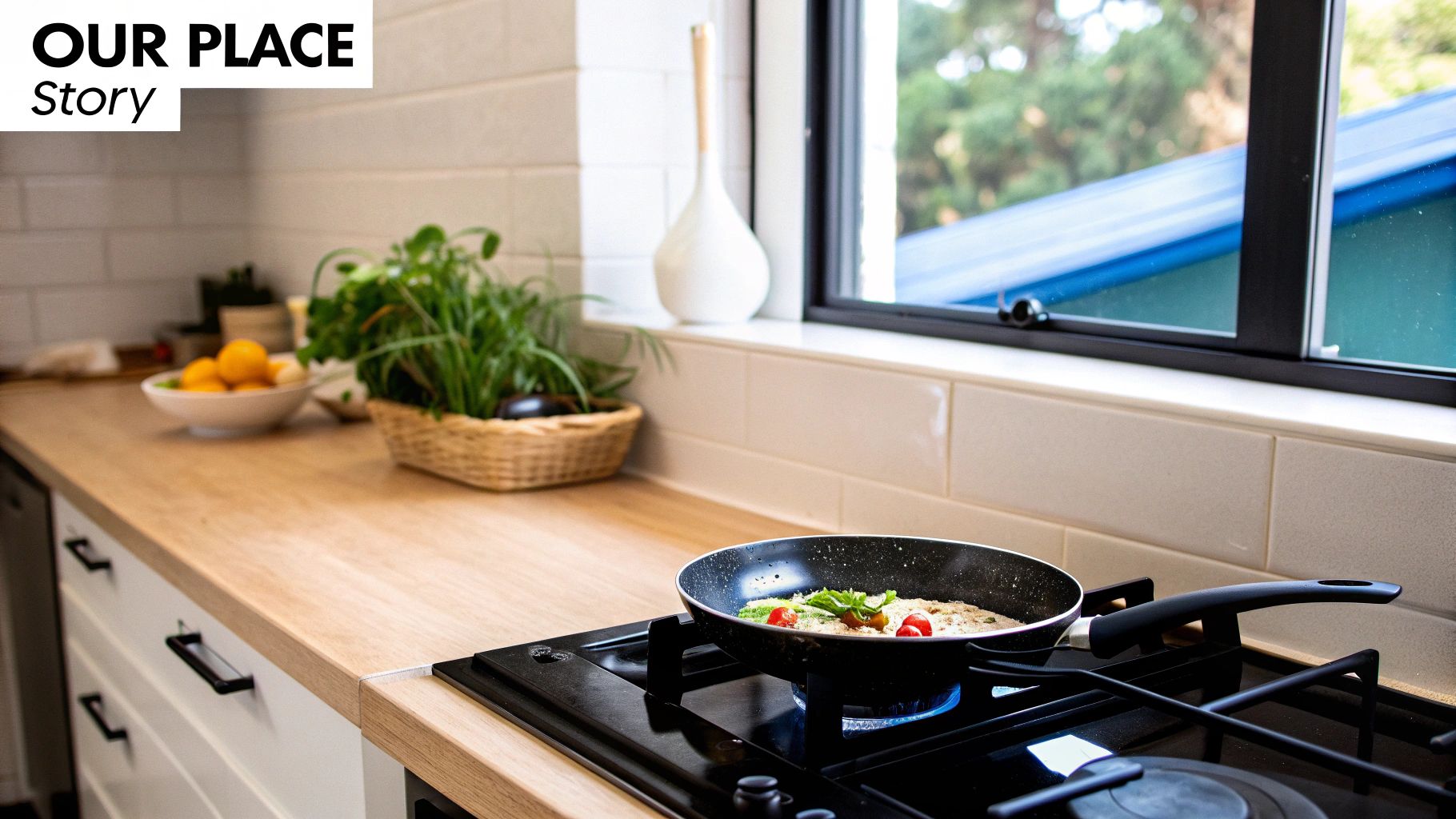 A vibrant kitchen scene featuring a frying pan cooking on a gas stove on a wooden countertop.