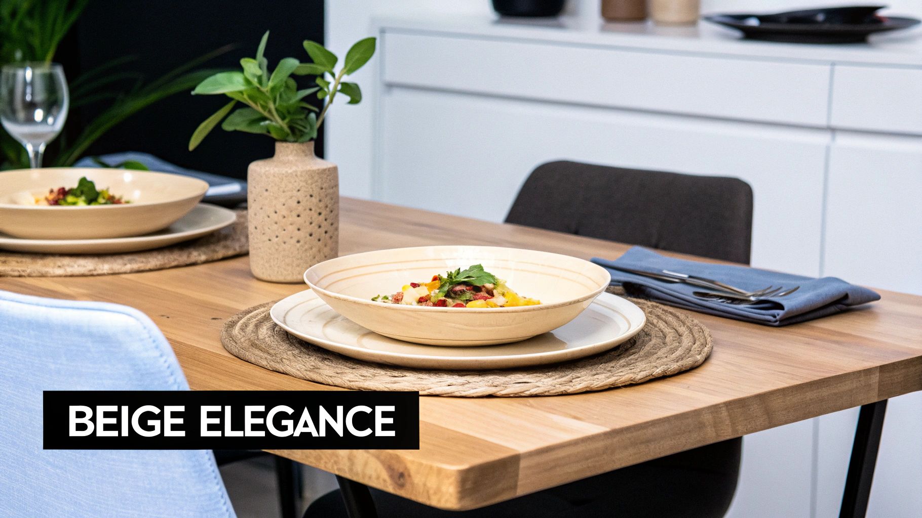 Elegant dining table set with beige dinnerware, woven placemats, and a fresh meal.