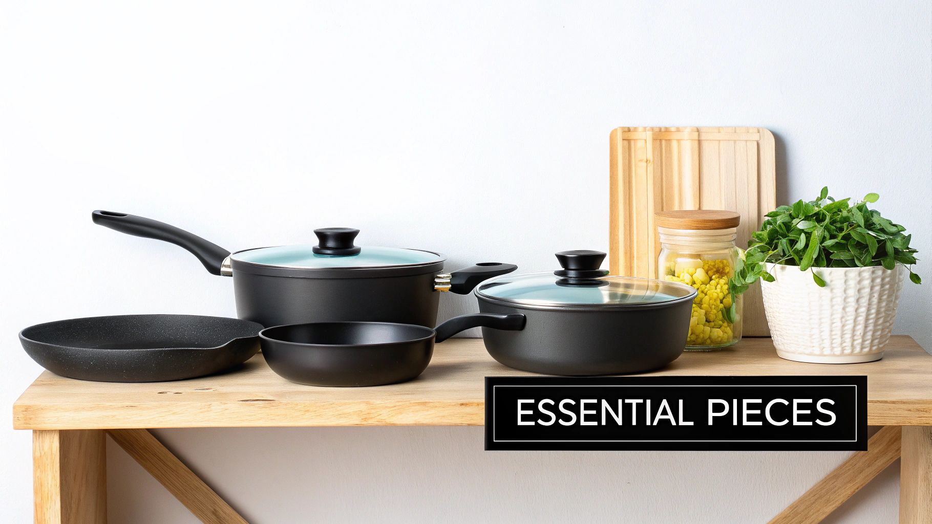A modern set of black cooking pots, pans, and kitchen essentials on a wooden shelf.