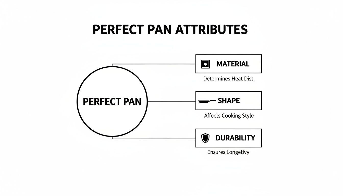 Diagram illustrating perfect pan attributes: material, shape, and durability, and their cooking implications.
