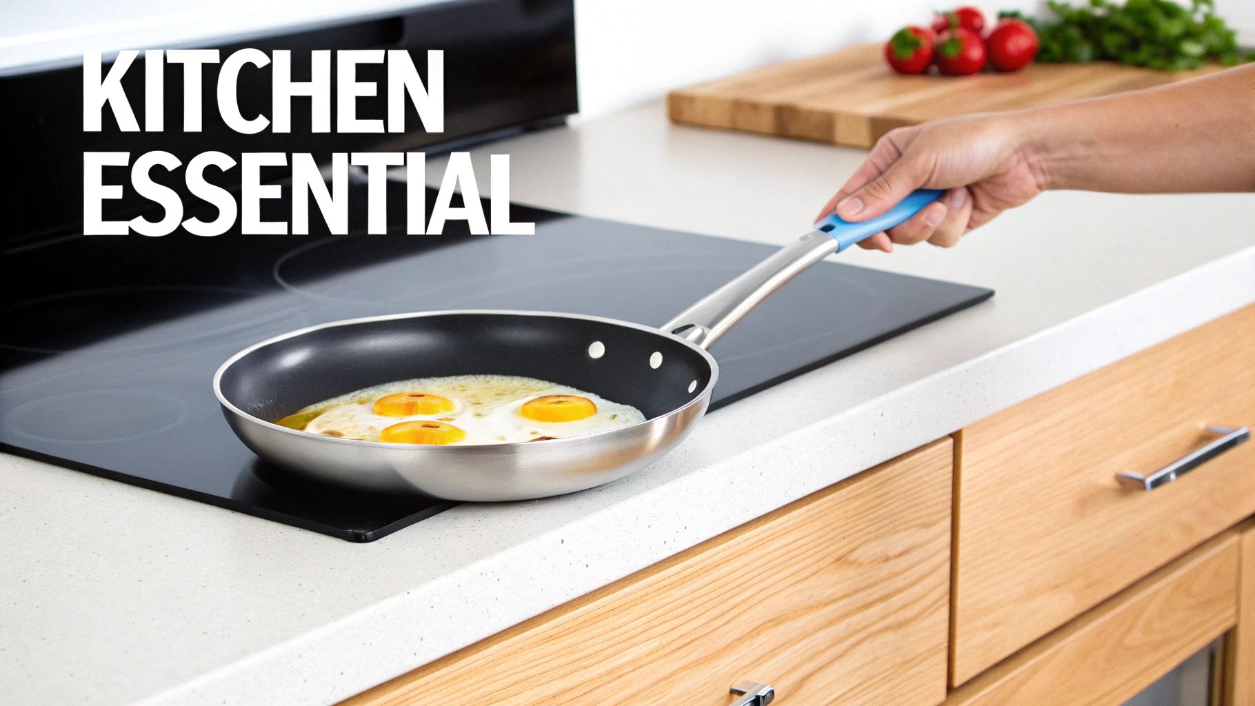 Hand holding an aluminium frying pan with three fried eggs on an induction cooktop.