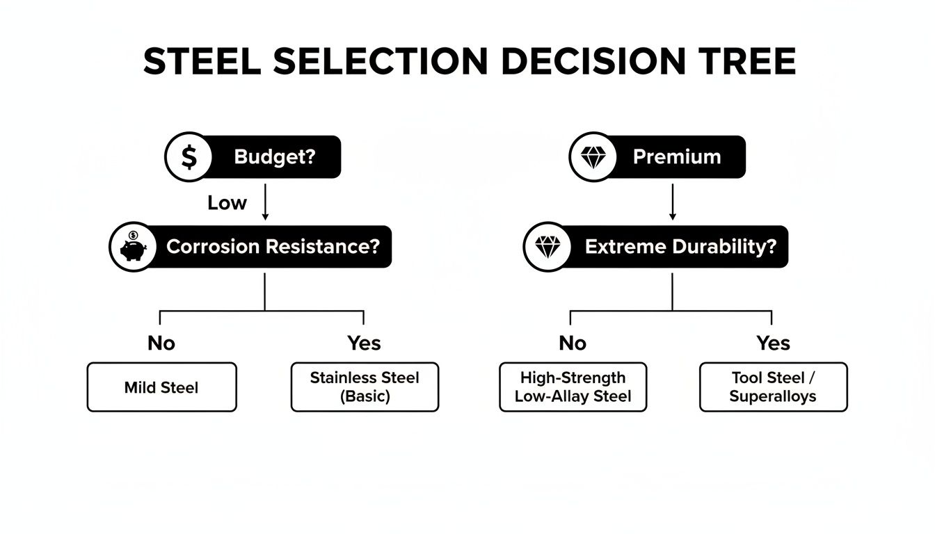 Decision tree for steel selection based on budget, corrosion resistance, and durability.
