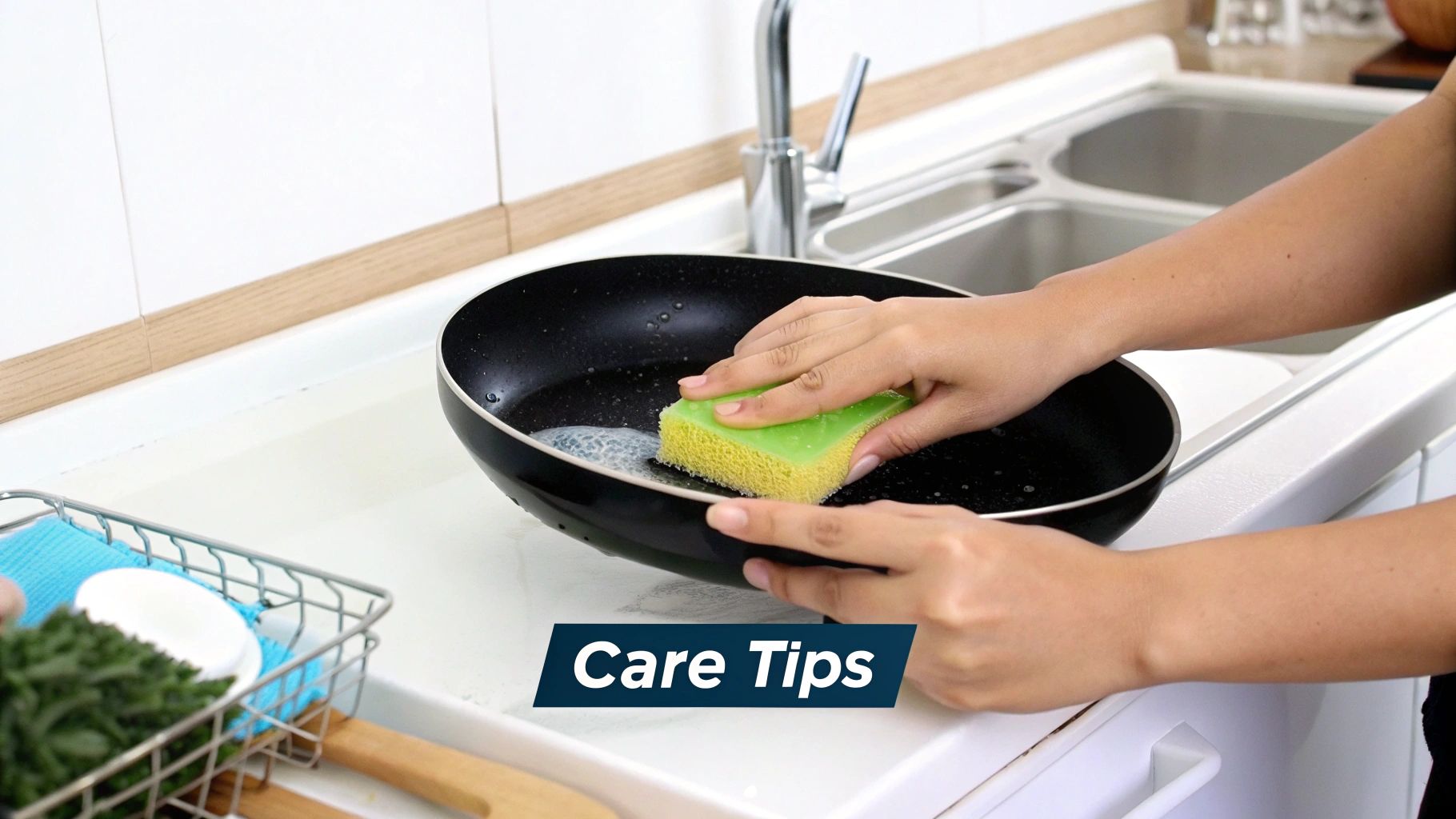 A person gently hand-washing a titanium non stick pan in a sink with a soft sponge and soapy water.
