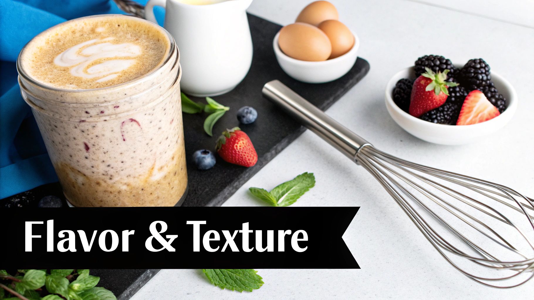 A nutritious morning setup with a layered drink, fresh berries, eggs, mint, and a whisk on a counter.