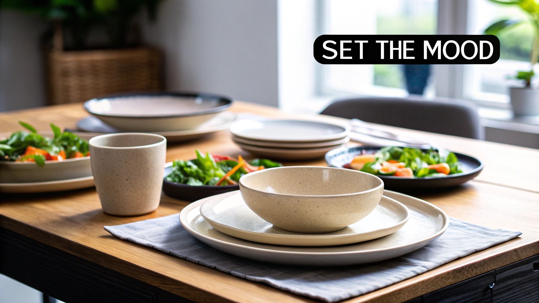 A stylish ceramic dinner set arranged on a dining table, highlighting its aesthetic appeal.