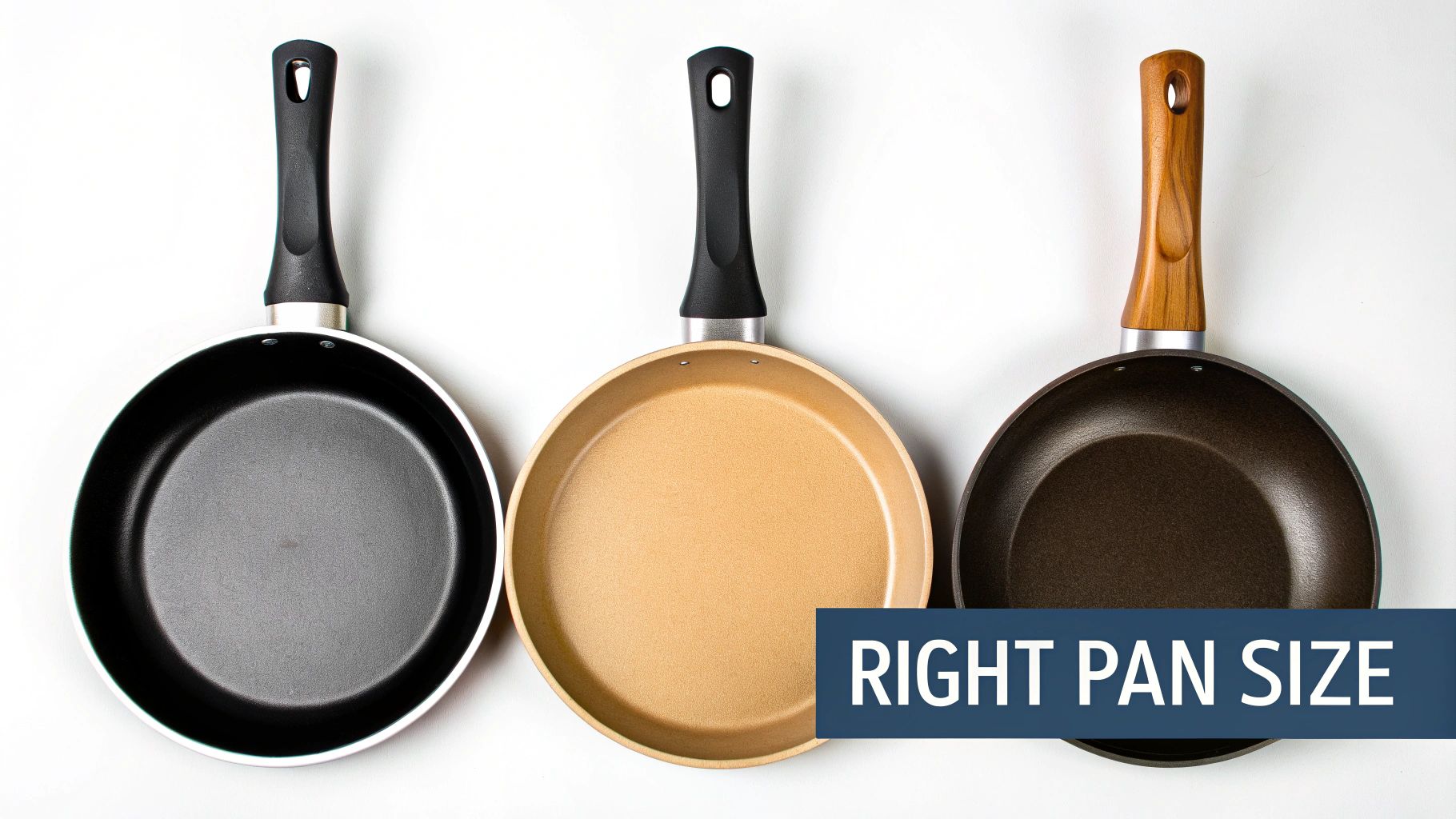 Three different sized non-stick frying pans with lids arranged on a kitchen counter.