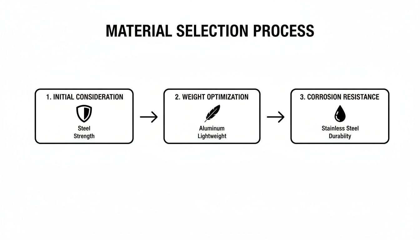 Flowchart illustrating the material selection process, detailing considerations for strength, weight, and corrosion resistance.
