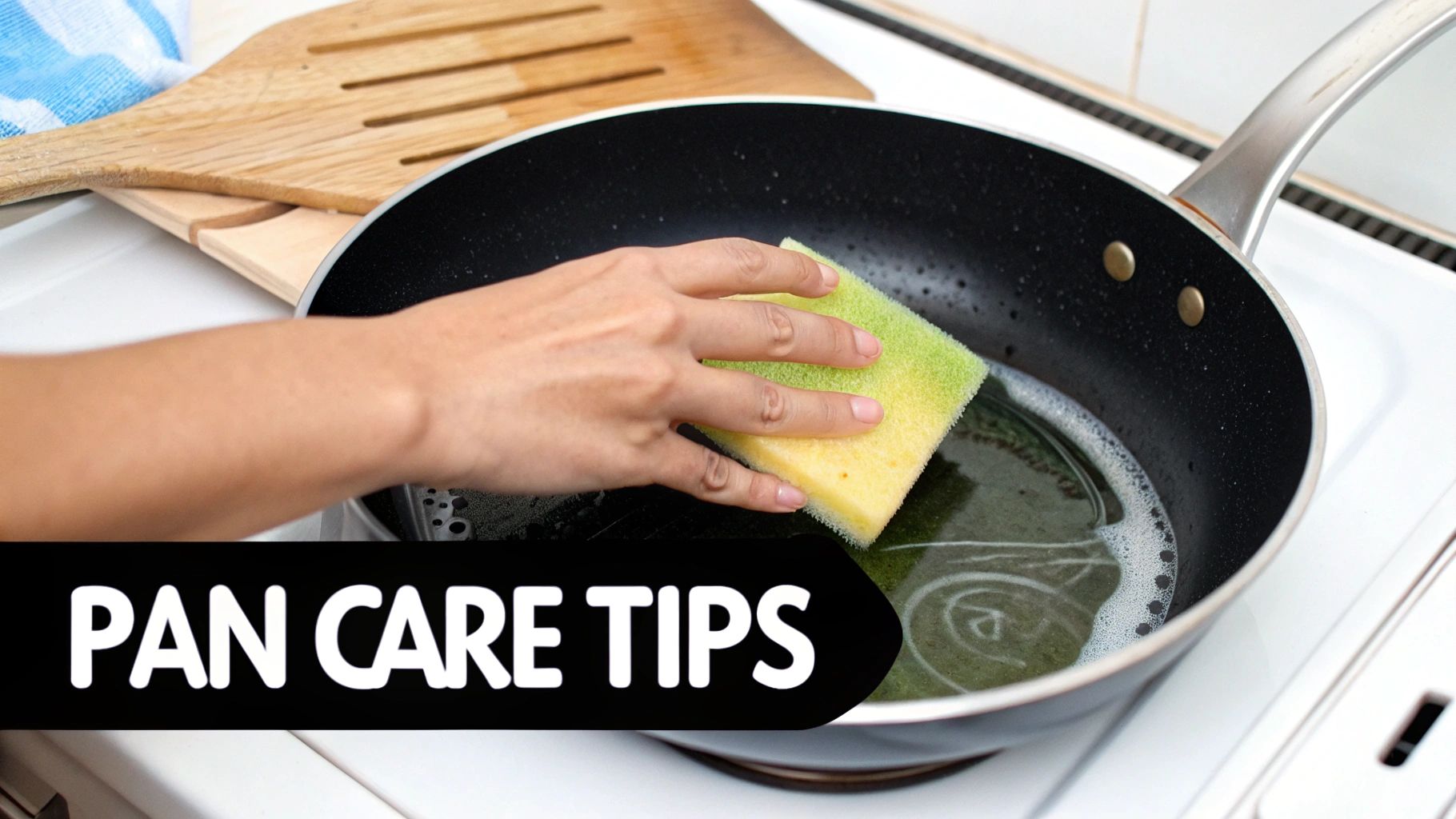Hand cleaning a black non-stick frying pan with a yellow-green sponge and soapy water on a stove.
