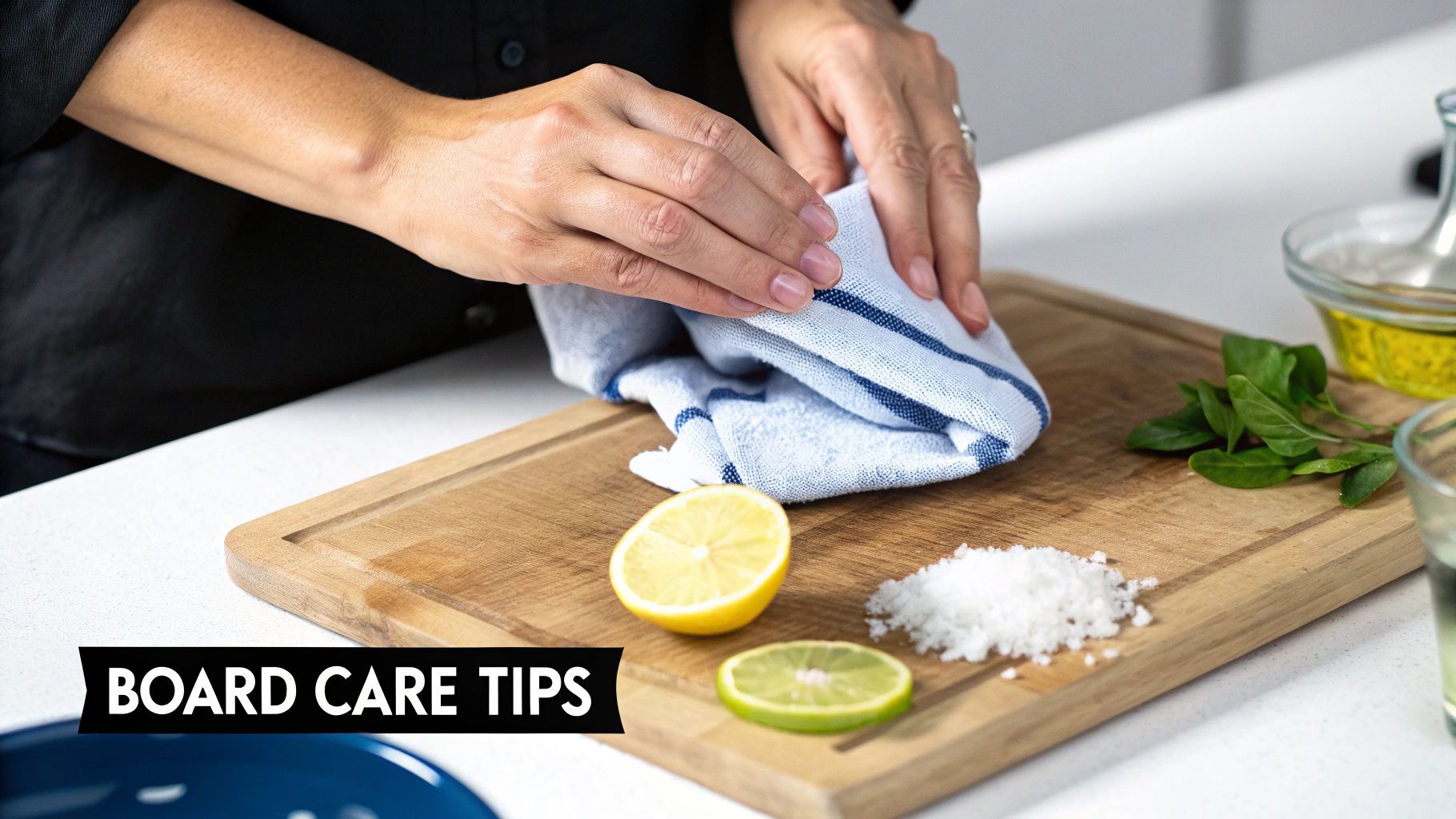 A person oiling a wooden cutting board to maintain its quality.