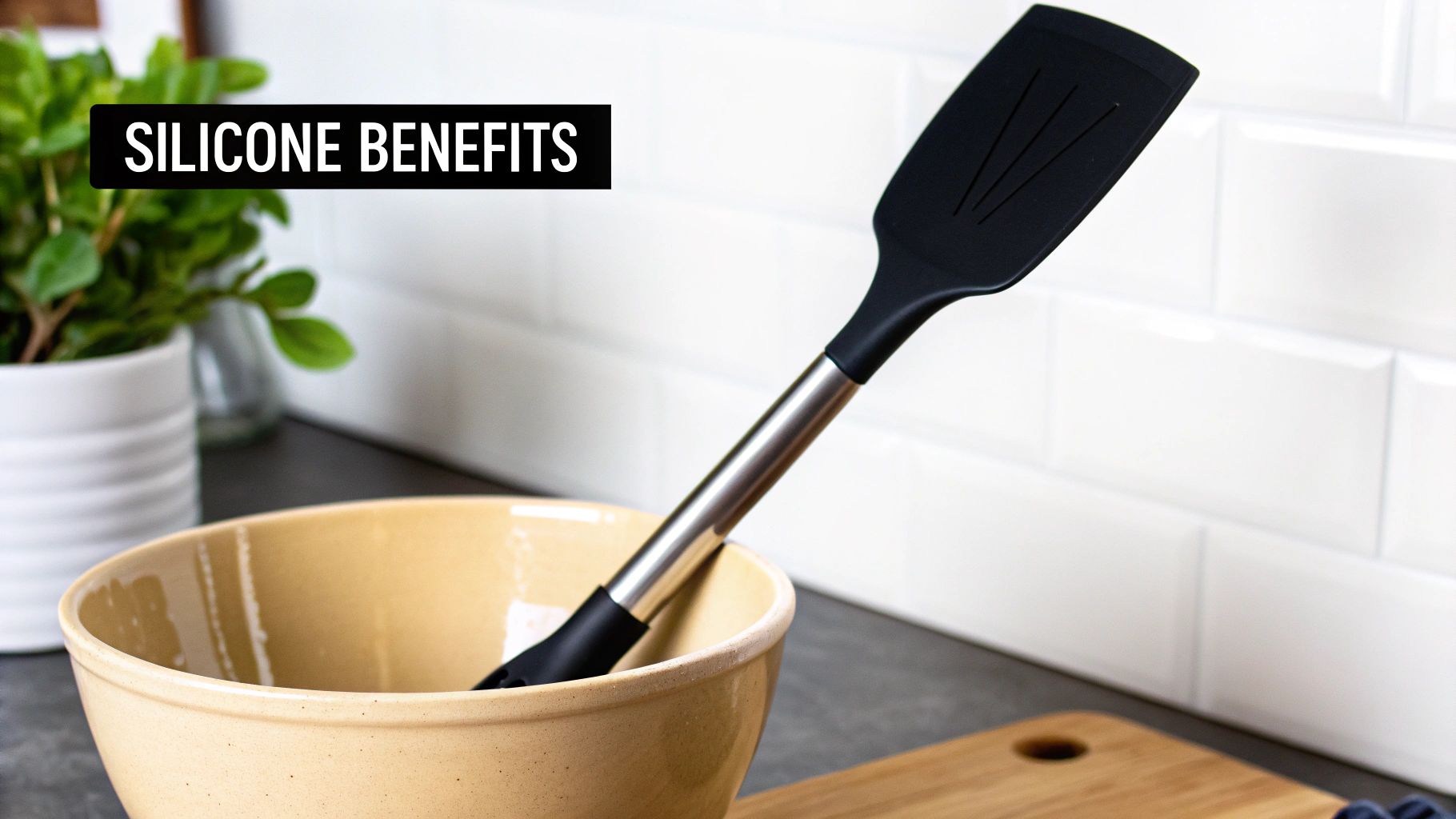 Black silicone spatula with a metal handle in a beige mixing bowl, highlighting benefits.
