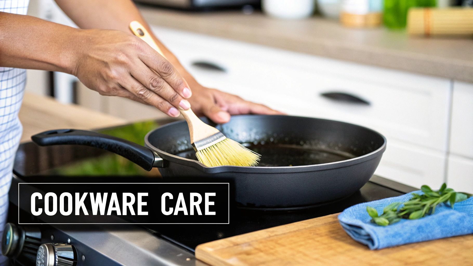 A person seasoning a cast iron frying pan.