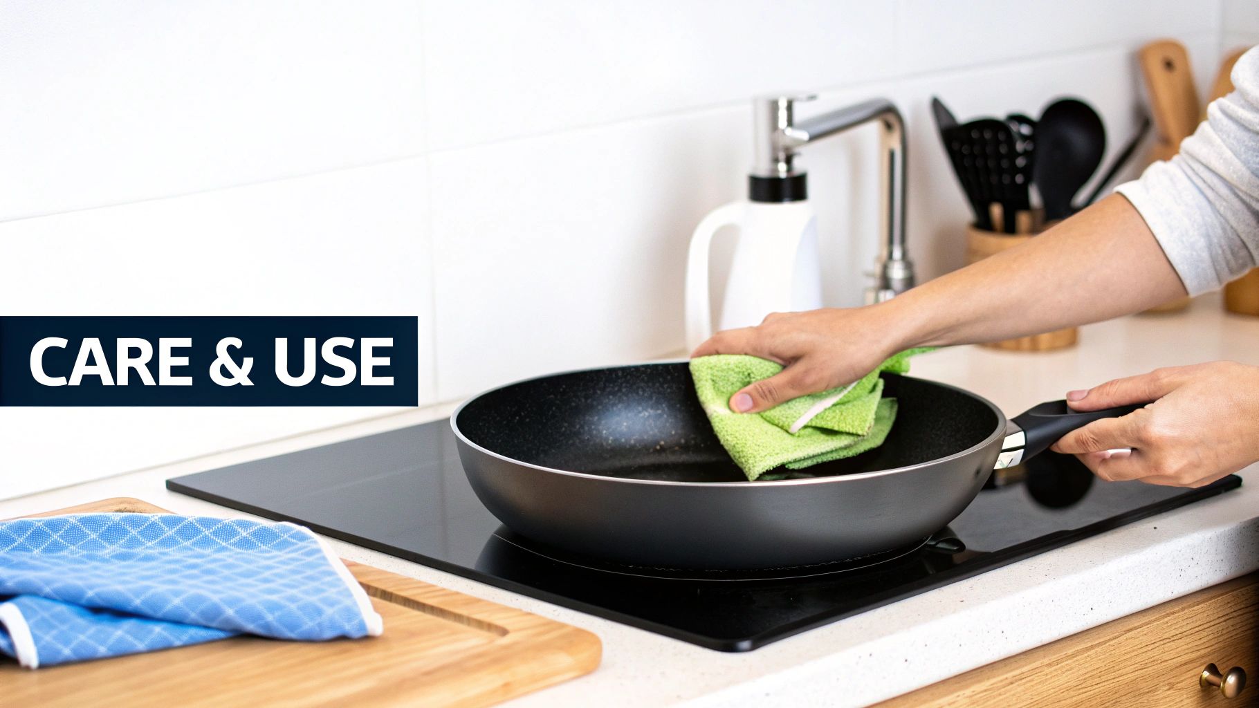 A person gently cleaning a pure titanium pan with a soft sponge and soapy water in a kitchen sink.