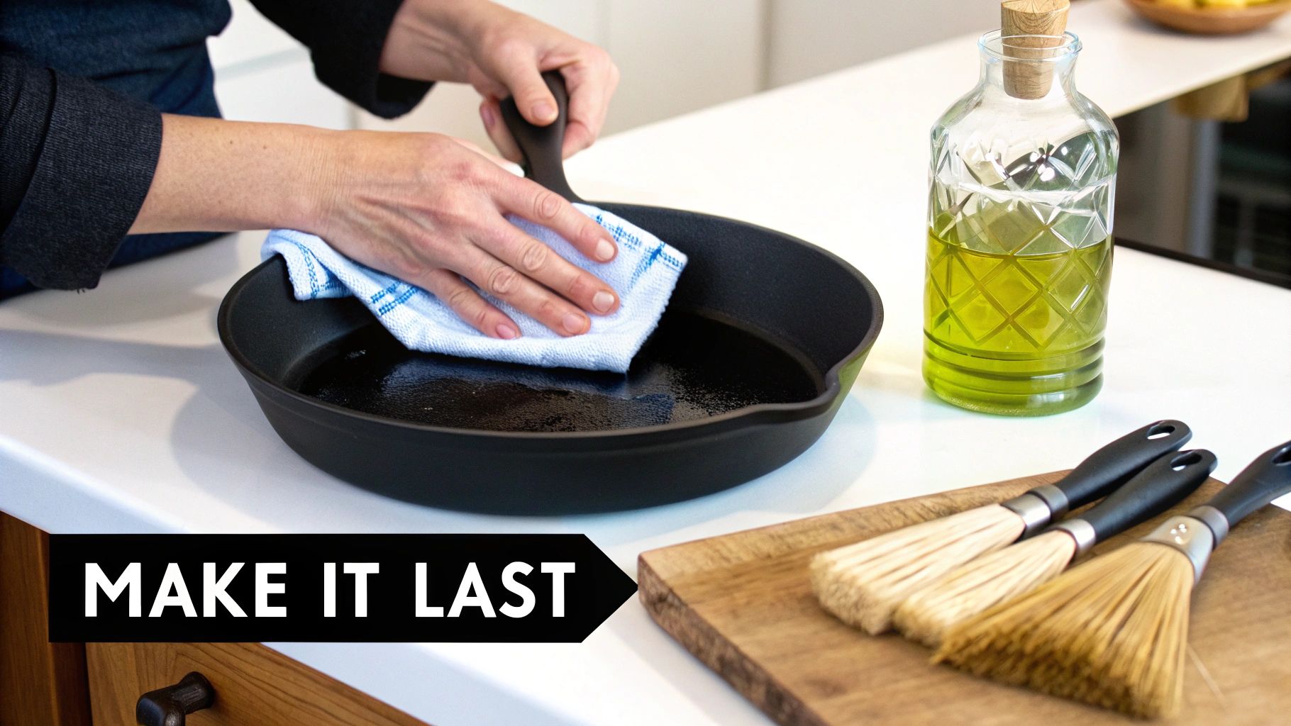 A person seasoning a non-teflon frying pan on a modern stovetop.