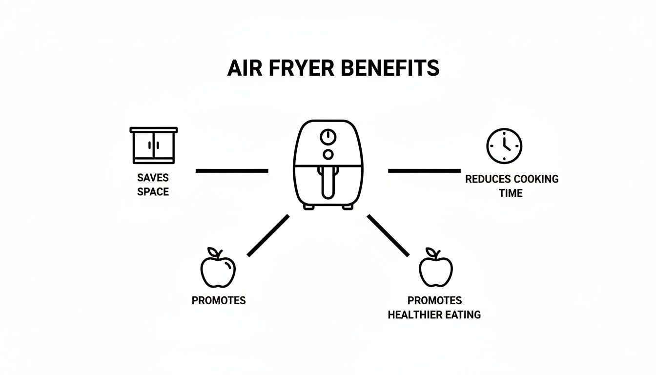 Infographic detailing the benefits of an air fryer, including saving space, reducing cooking time, and promoting healthy eating.