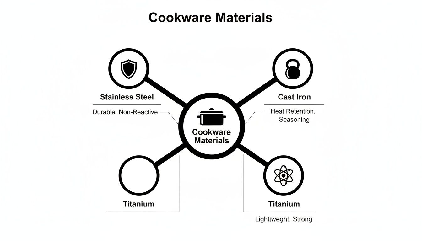 Diagram illustrating various cookware materials like stainless steel, cast iron, and titanium, with properties.