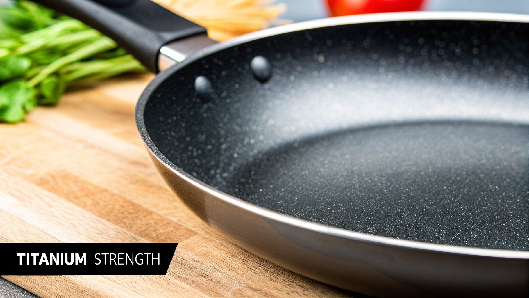 A sleek, modern titanium frying pan with a perfectly cooked egg sliding out.