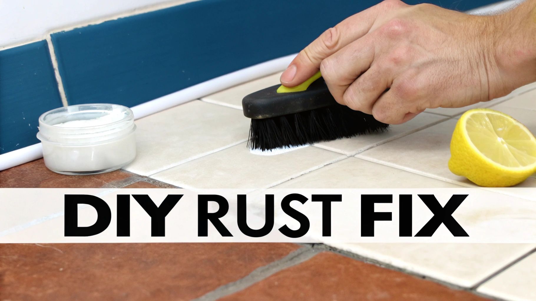 A person scrubbing white paste on light-colored tiles with a brush, alongside a lemon and powder, for a DIY rust fix.