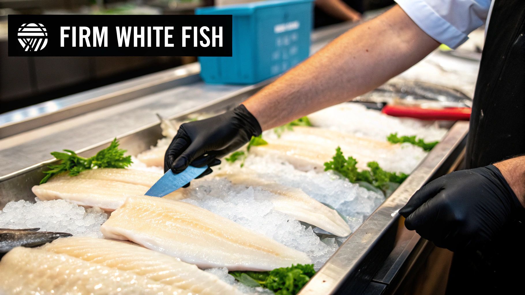 A gloved hand carefully arranges firm white fish fillets on a bed of ice in a retail display.